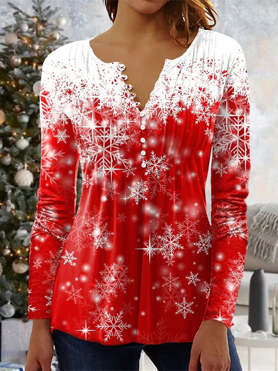 Women's Long Sleeve V-neck Graphic Buttons Christmas Top