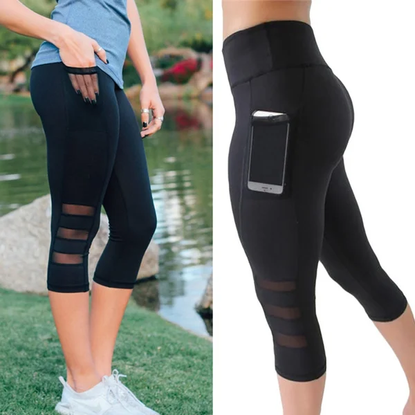 New Women’s Fashion Yoga Pants Sports Running Fitness Capri Pants Side Pocket Slim Elasticity Leggings Pants