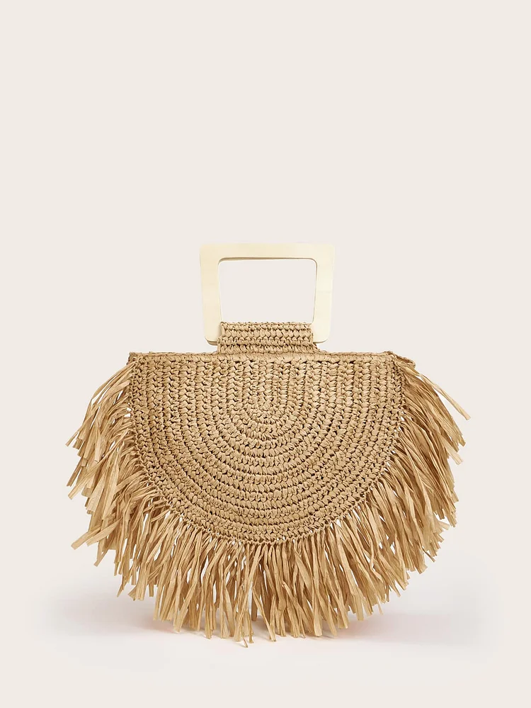 Fringe Trim Straw Tote Bag