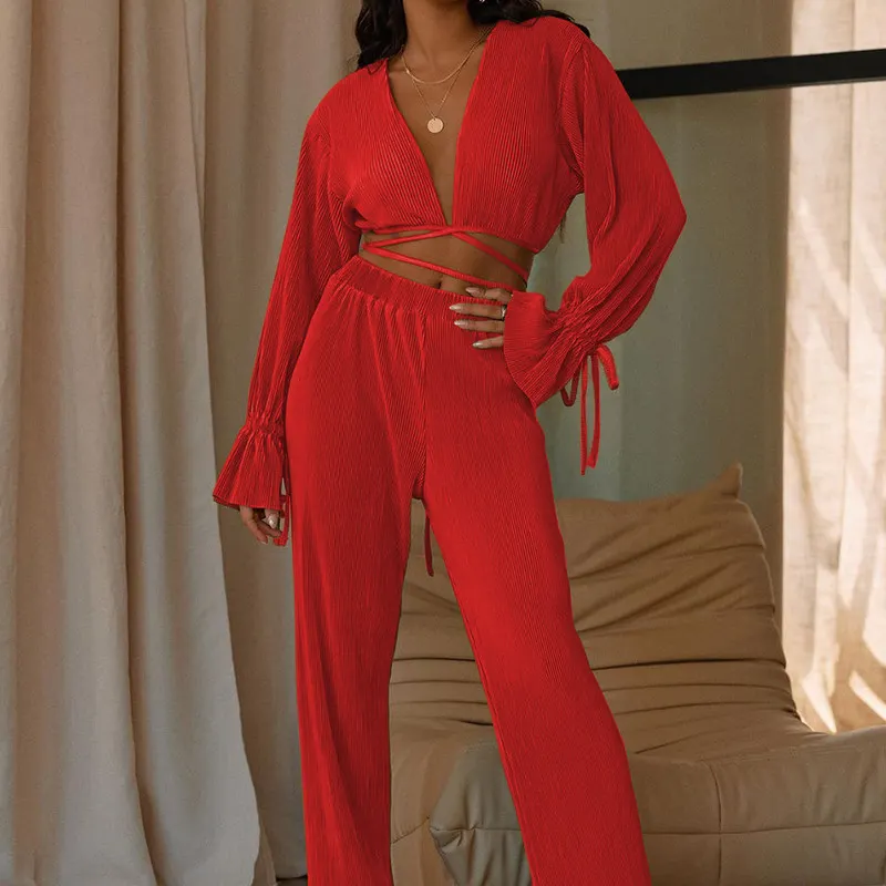 Autumn Solid Color Women Clothing V Neck Casual Sexy Suit Clothes
