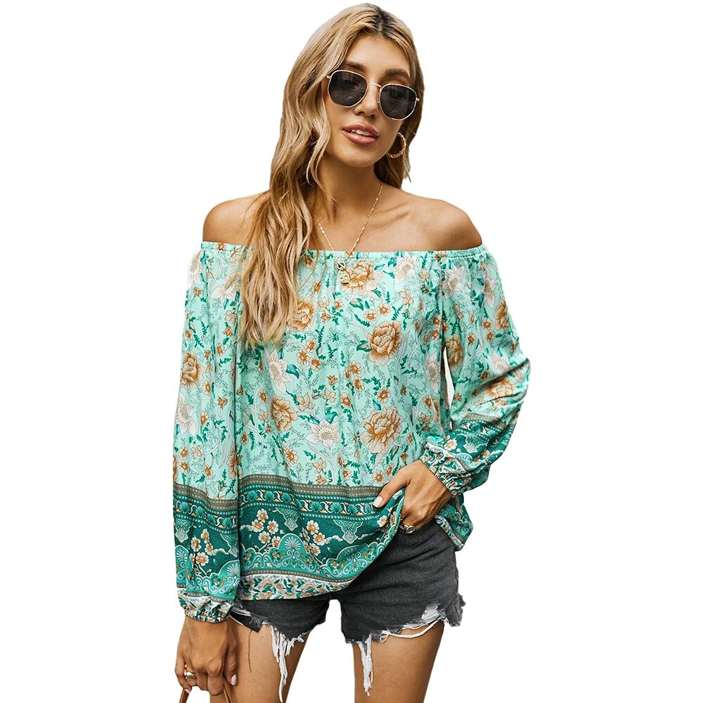 Sale Women Floral Print Off Shoulder Tops Bohemia Blouses Shirts Casual  Pullover Top Spring Lady Chic Long Sleeve Blusa D30