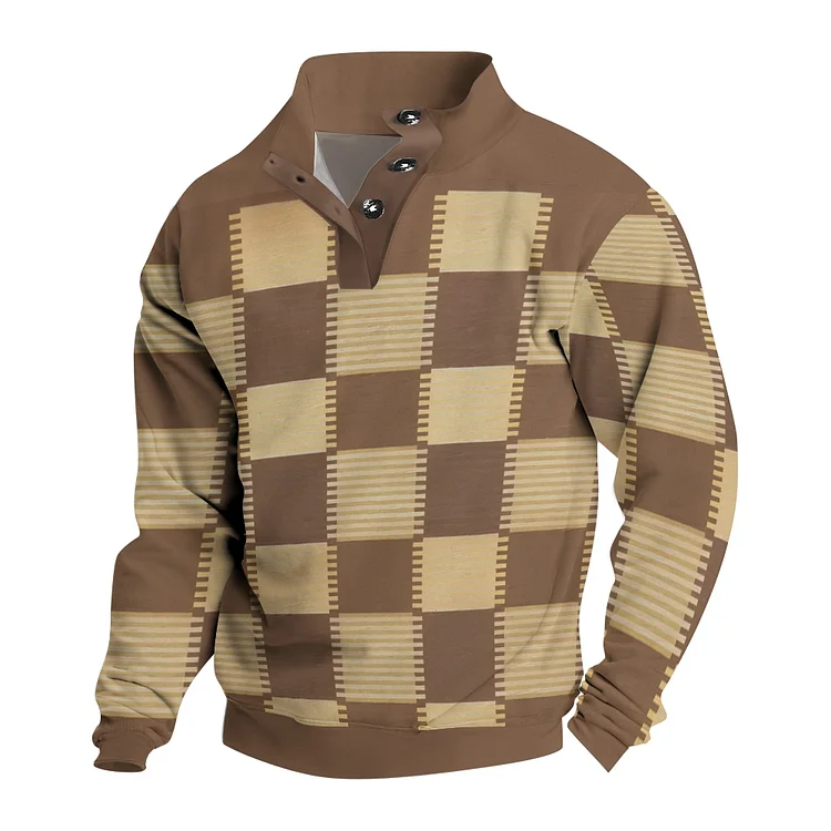 Men's Brown Casual Printed Button Stand Collar Sweatshirt