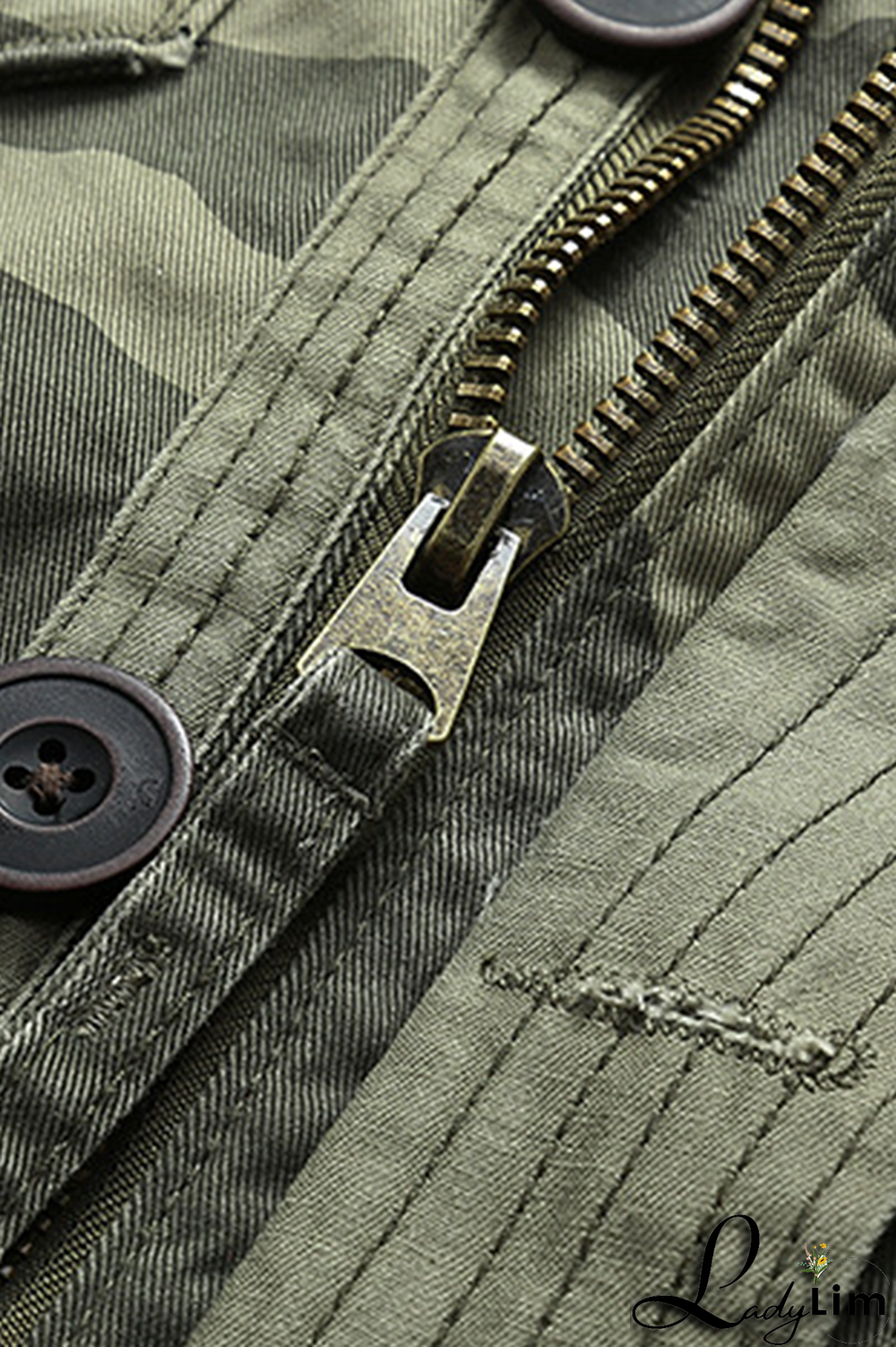 Green Fashion Casual Solid Camouflage Print Buckle Zipper Mandarin Collar Outerwear