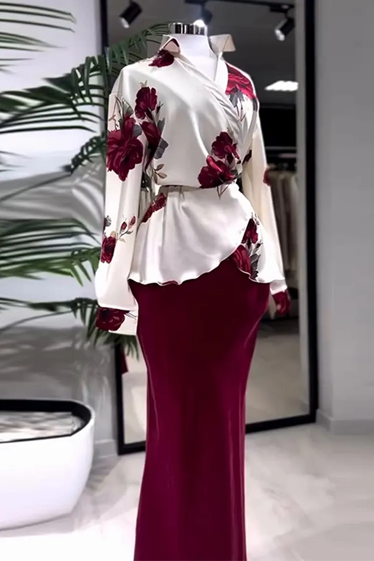 Floral Print Turndown Collar Tie Up Top Slim Fit Maxi Skirt 2pcs Set