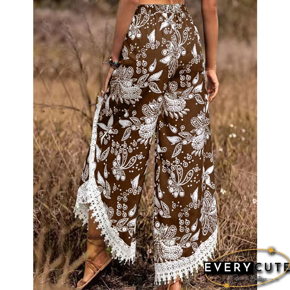 Brown Floral Print Spliced Casual Pants