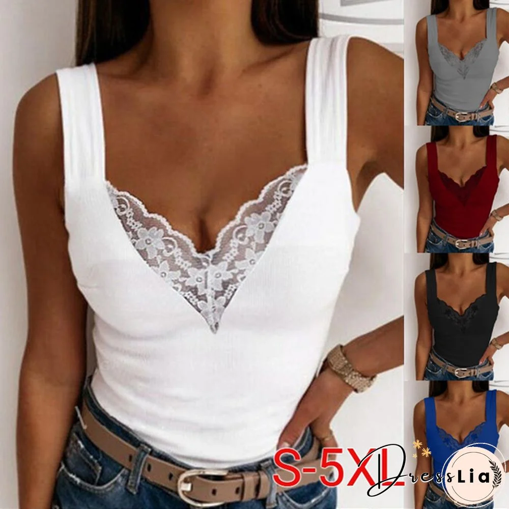 Summer Women Fashion V Neck Tank Tops Casual Solid Color Lace Sleeveeless Tops Sexy Lace Shirts Slim Tops Plus Size S-5XL