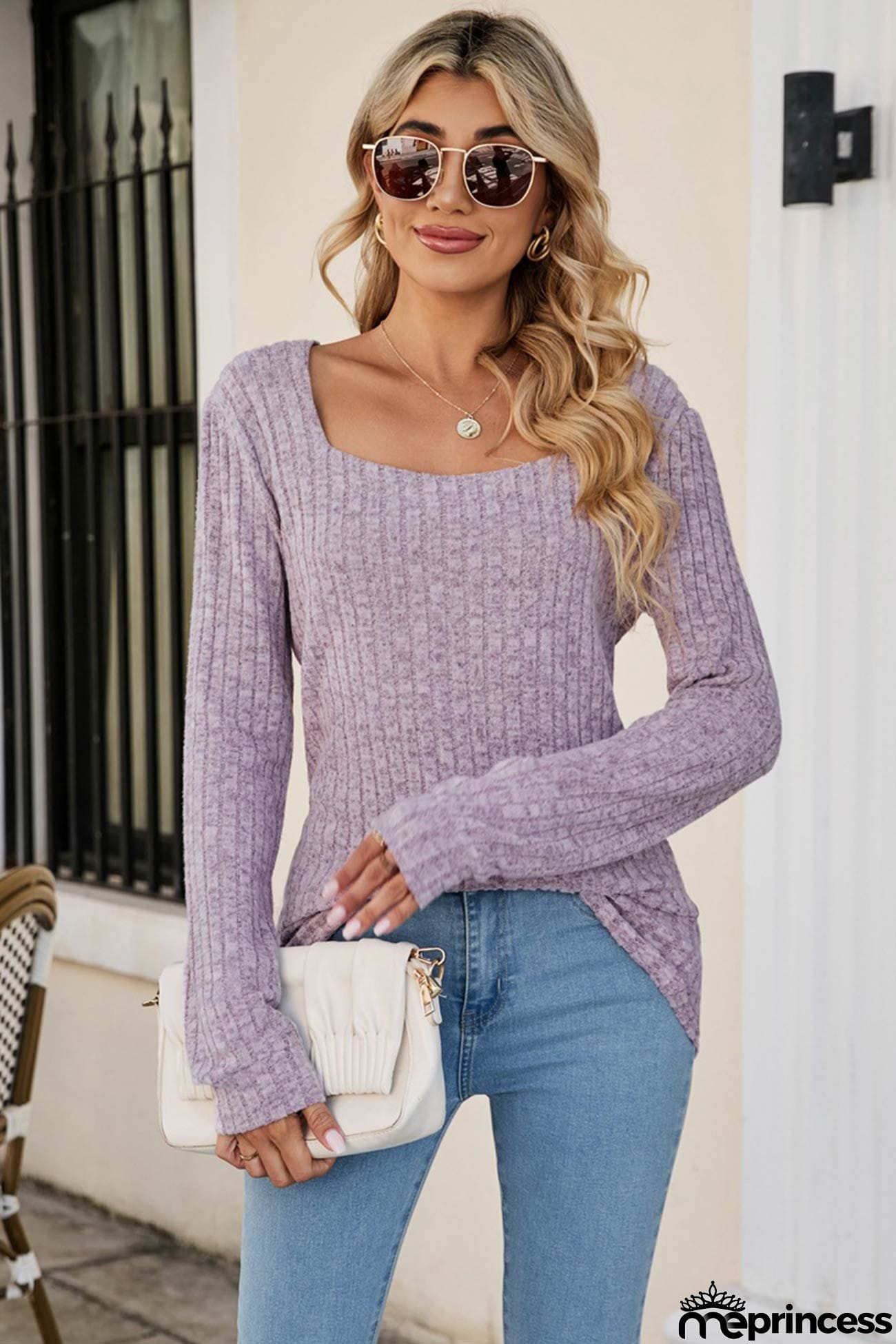 Casual Square Neck Ribbed Sweater