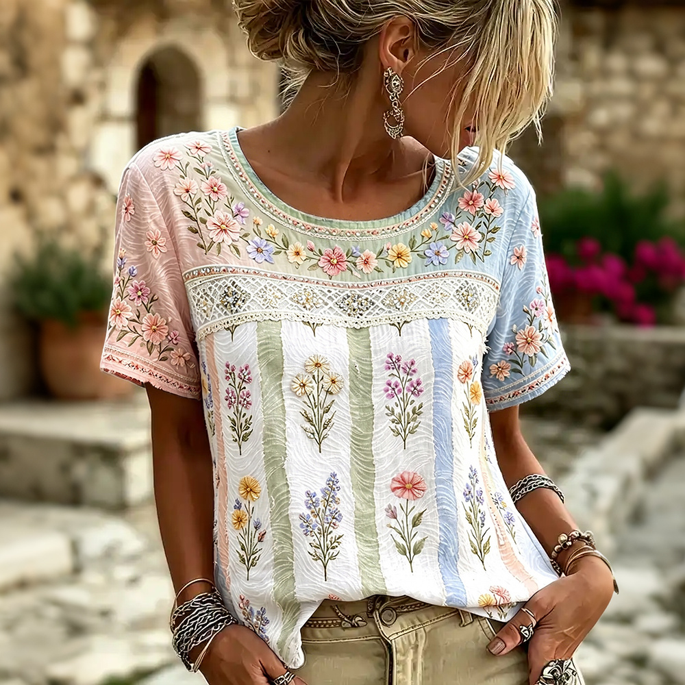 Women's Floral Patchwork Art Pattern Casual T-shirt artswardrobe
