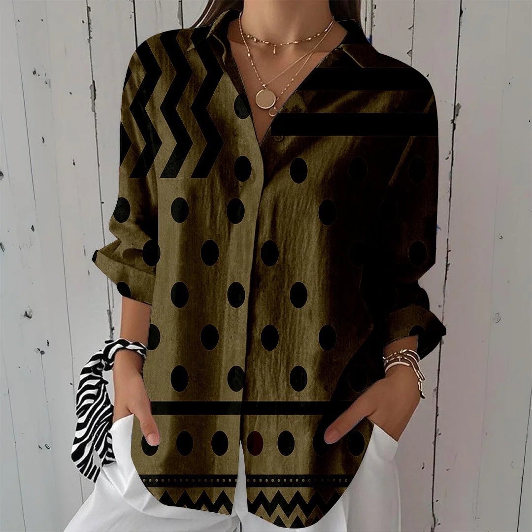 Style & Comfort for Mature Women Women Polka-Dot,Striped,Khaki DZCL0320 3/4 Sleeve Shirt Collar Printed Button Tops