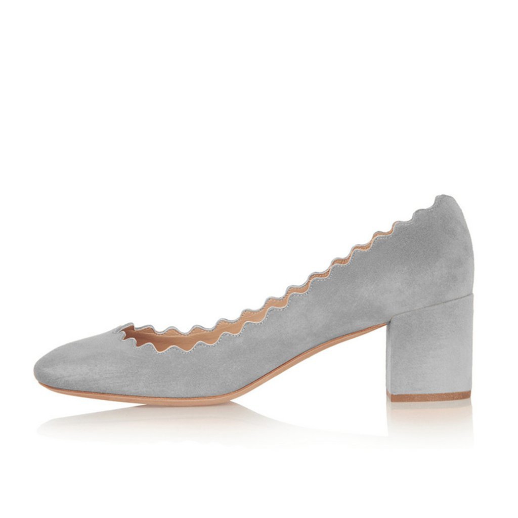 GOOSHOE Suede Grey Block Heels Casual Pumps – Round Toe Shoes.