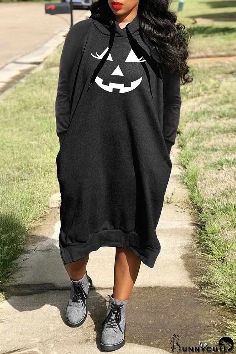 Black Casual Print Basic Hooded Collar Long Sleeve Dresses