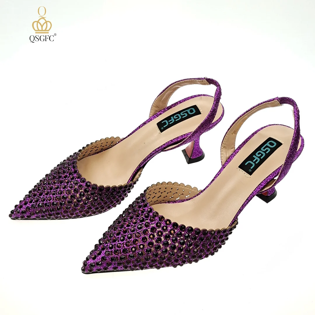 QSGFC New Arrival Popular Cutout Style In Nigeria Italian Design Elegant D.Purple Color Ladies Shoes and Bag For Party Wedding