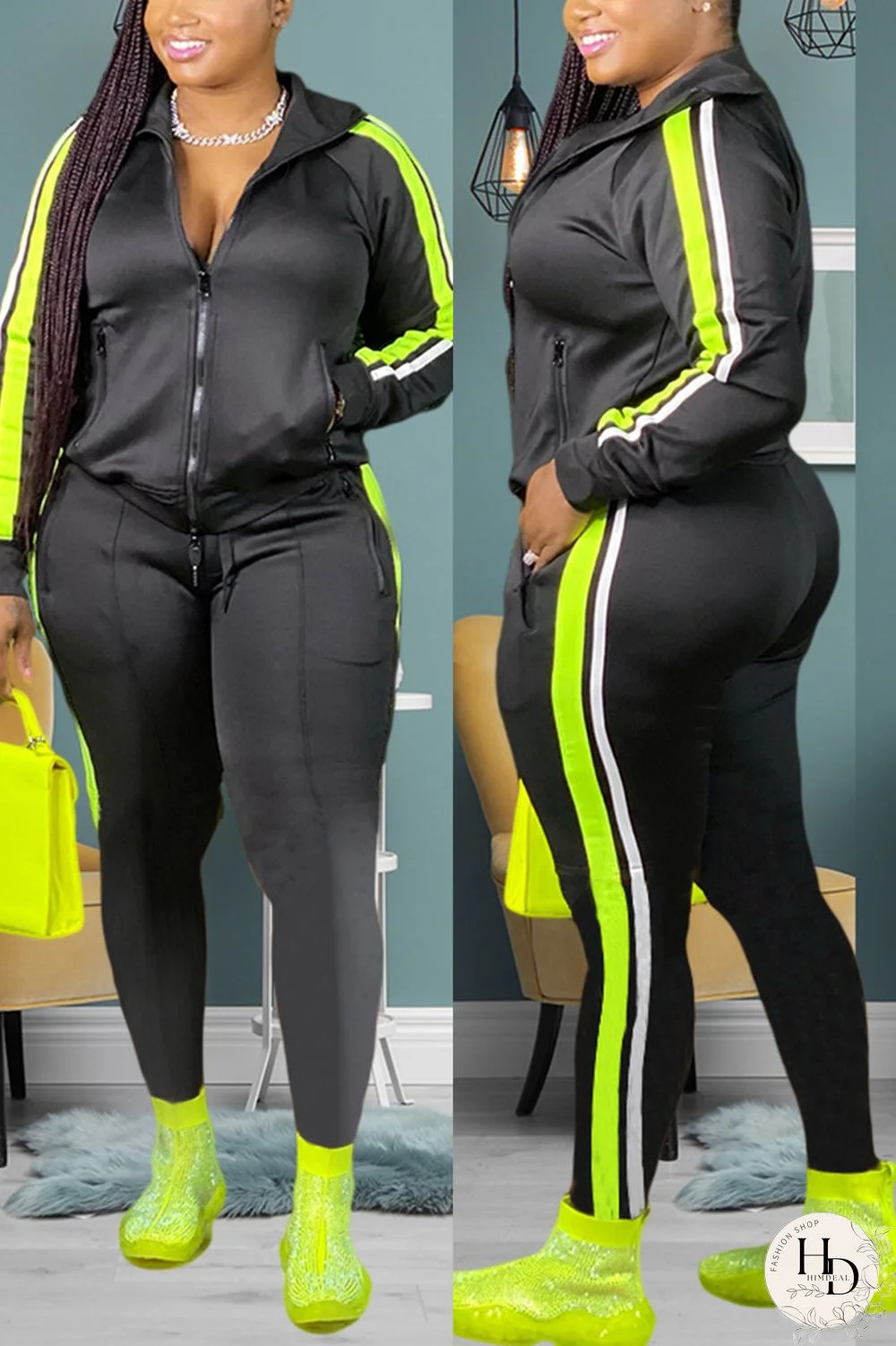 Black Fashion Casual Zipper Collar Long Sleeve Regular Sleeve Patchwork Plus Size Set
