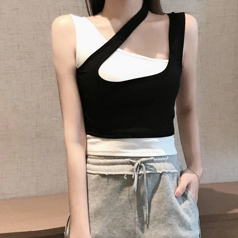 Zoki Fashion Patchwork Women Tanks Summer Sexy Elastic Slim Ladies Crop Tops Korean Casual Office Cute Black Female Tanks Top