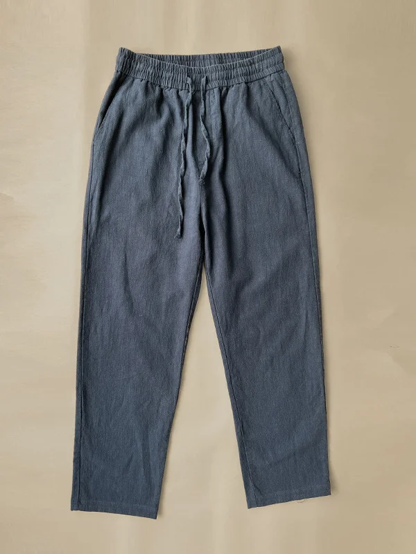 Men's Casual Solid Slant Pocket Elastic Waist Drawstring Straight-Leg Cotton Pants