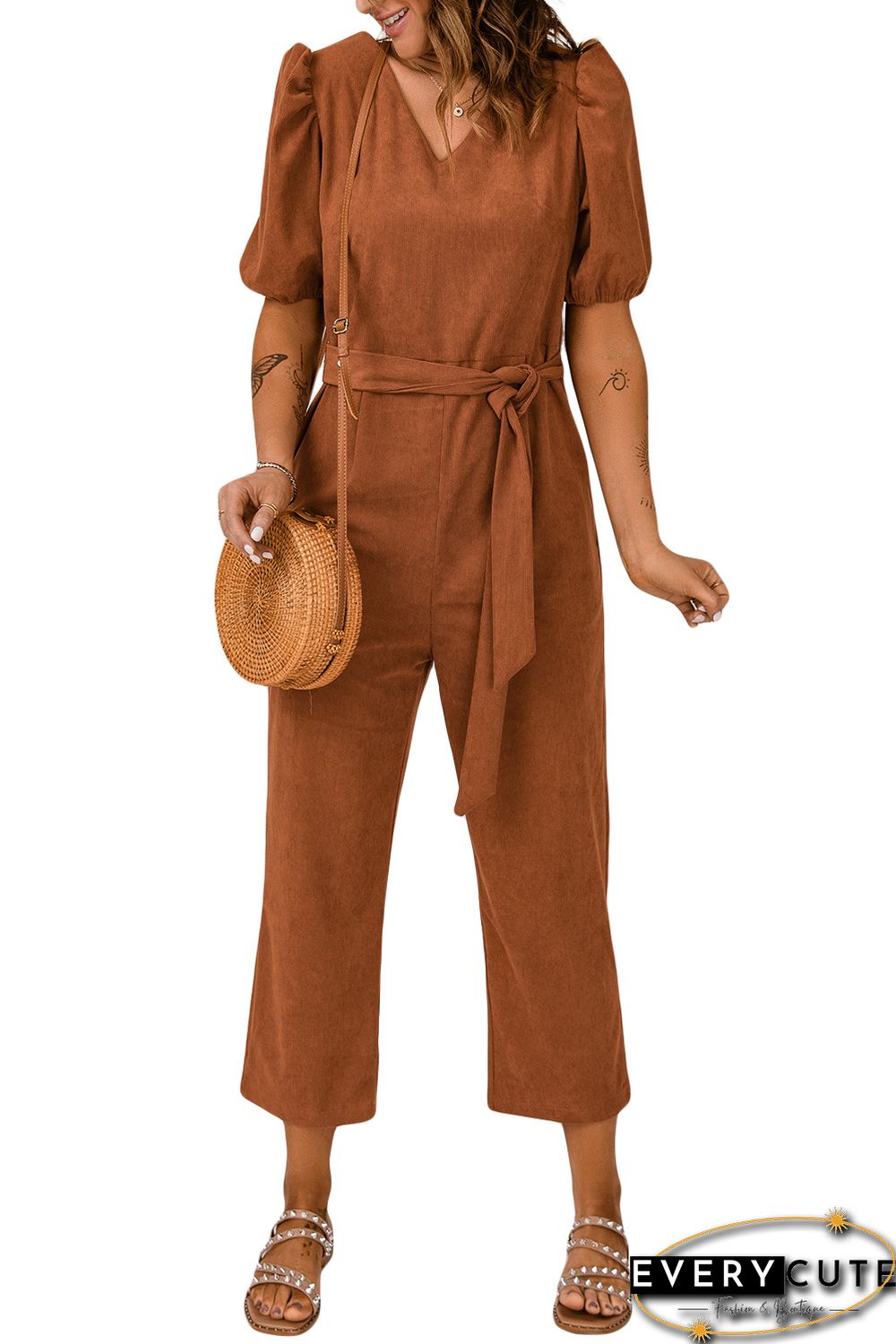 Brown Tie Knot Puff Sleeve Straight Leg High Rise Jumpsuit