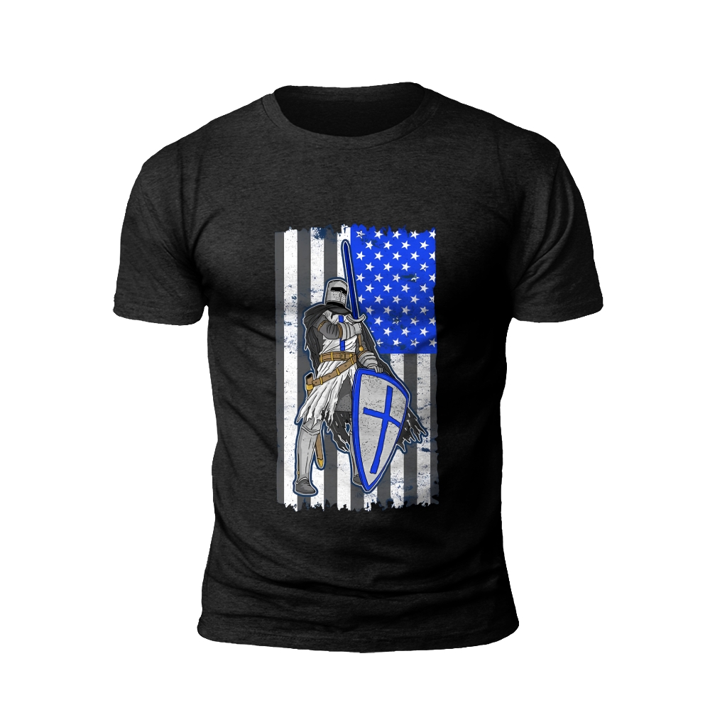 Guardian of Liberty: Knight and American Flag T-Shirt