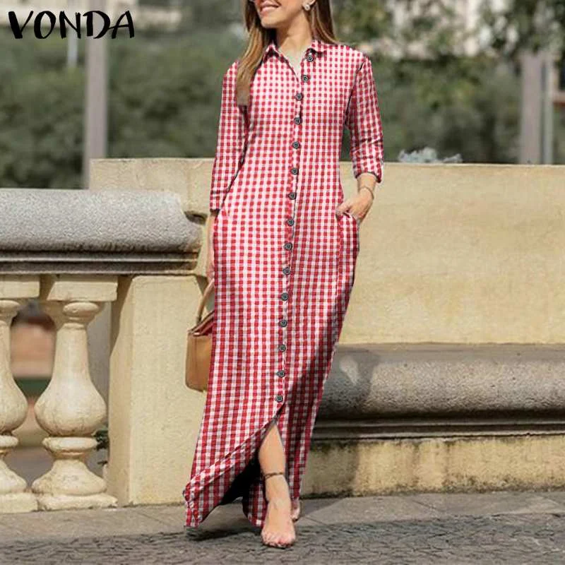 VONDA Women Long Sleeve Long Maxi Dress Summer Vintage Checked Plaid Turn Down Neck Shirt Dresses Button Up Party Vestidos Robe