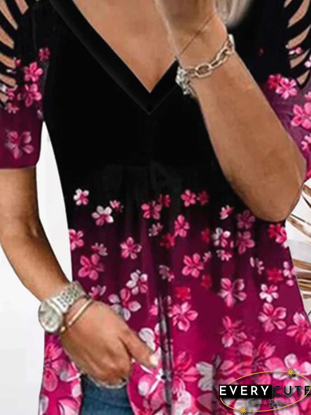 Romantic Casual Hollow Off Shoulder V-Neck Cherry Blossom Print Short Sleeve T-Shirt