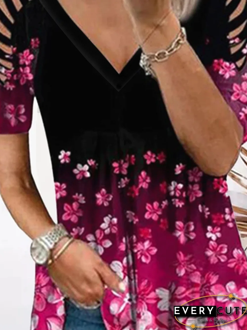 Romantic Casual Hollow Off Shoulder V-Neck Cherry Blossom Print Short Sleeve T-Shirt