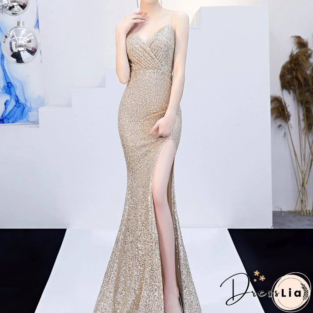 New Women Sexy Sequin Spaghetti Straps Dress Deep V Neck Sleeveless High Slit Dress Prom Formal Cocktail Pageant Party Dress Long Evening Dress