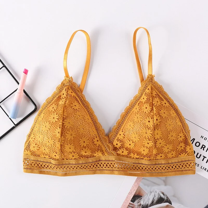 French style sexy ladies lace pierced steel sports bra beauty back wrapped chest comfortable stretch bra triangle cup underwear