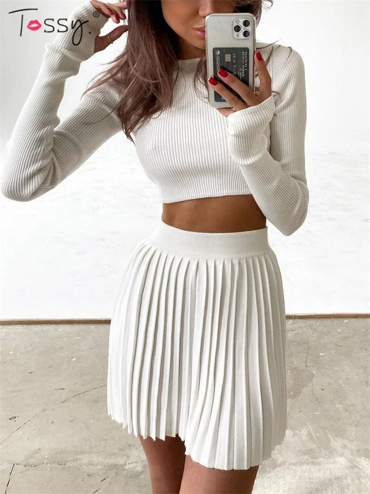 Tossy Knit Two Piece Sets Mini Pleated Skirt Suits Long Sleeve Cropped Sweater Top For Women 2021 Casual Outfits Matching Sets