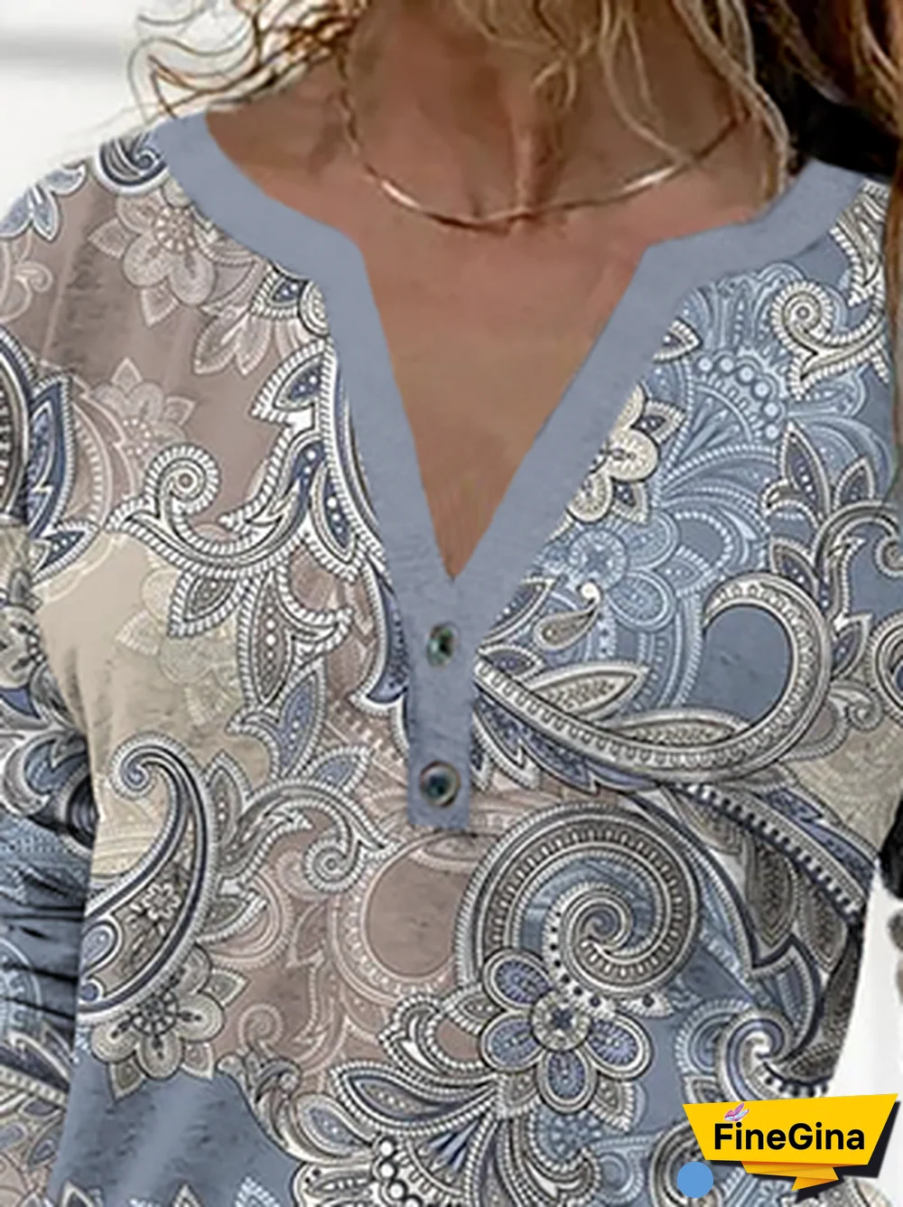 Women Casual Paisley Autumn Daily Jersey Best Sell Long sleeve Notched Regular Size T-shirt