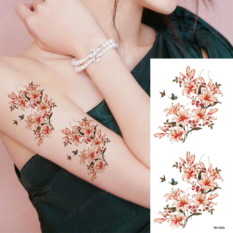Sdrawing Transfer Pink Henna Rose Flower Temporary Tattoo Sticker Butterfly Pattern Body Art Waterproof Fake Woman's Flash Tattoo