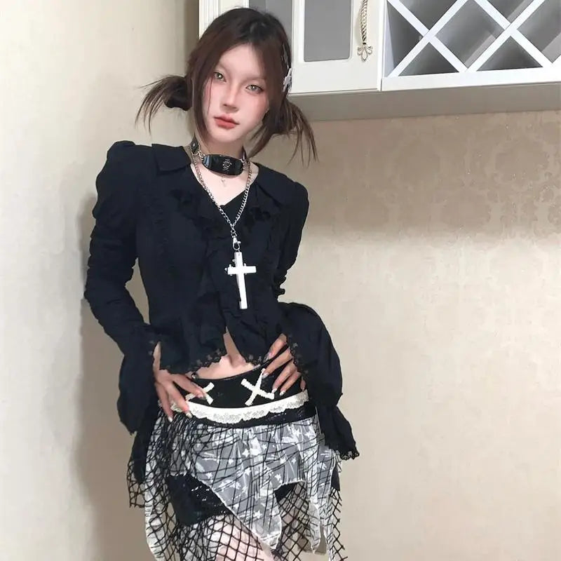 Aiertu V-neck Black Gothic Blouses Women Lace Irregular Long Sleeve Korean Fashion Slim Ladies Shirt Chic Tops Y2k Blousa Aiertu
