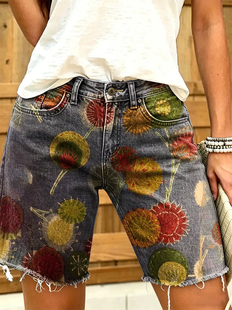 Women's Abstract Floral Print Denim Shorts