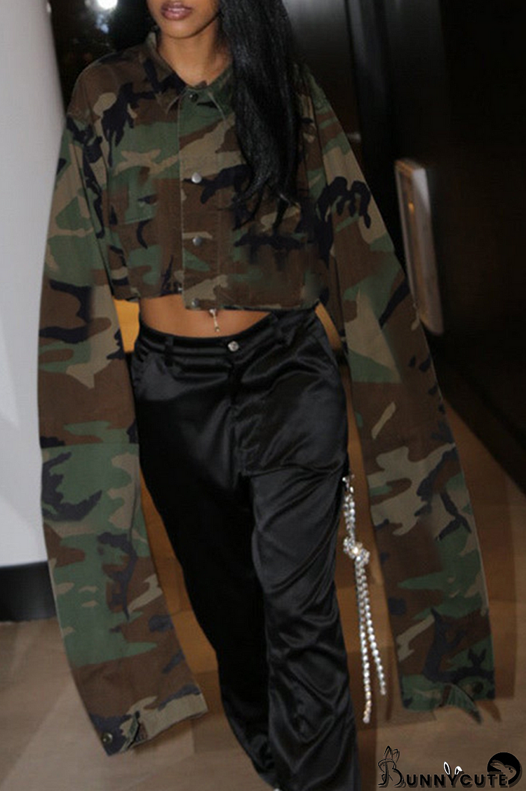 Camouflage Fashion Camouflage Print Patchwork Turndown Collar Tops