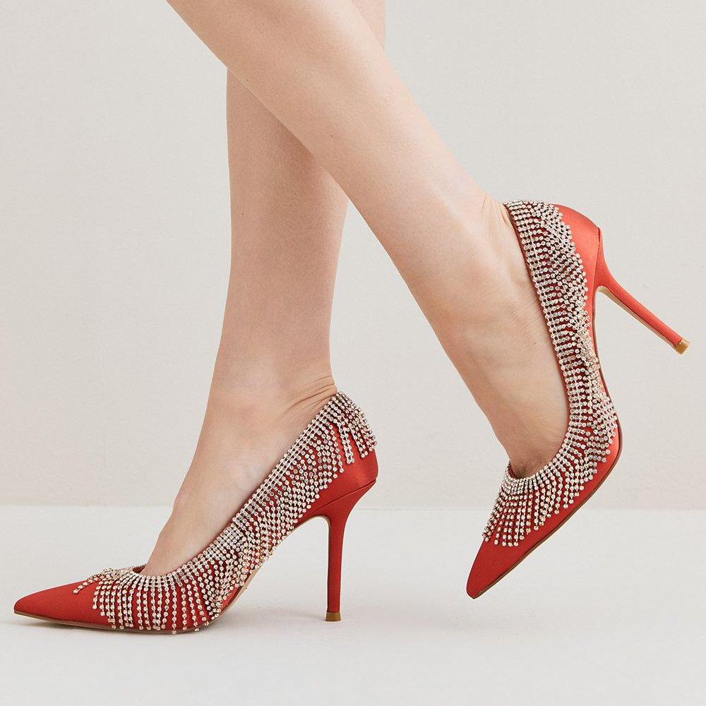 Orange Tassel Pointed Toe 4'' Stiletto Heel Pumps with Rhinestone Nicepairs