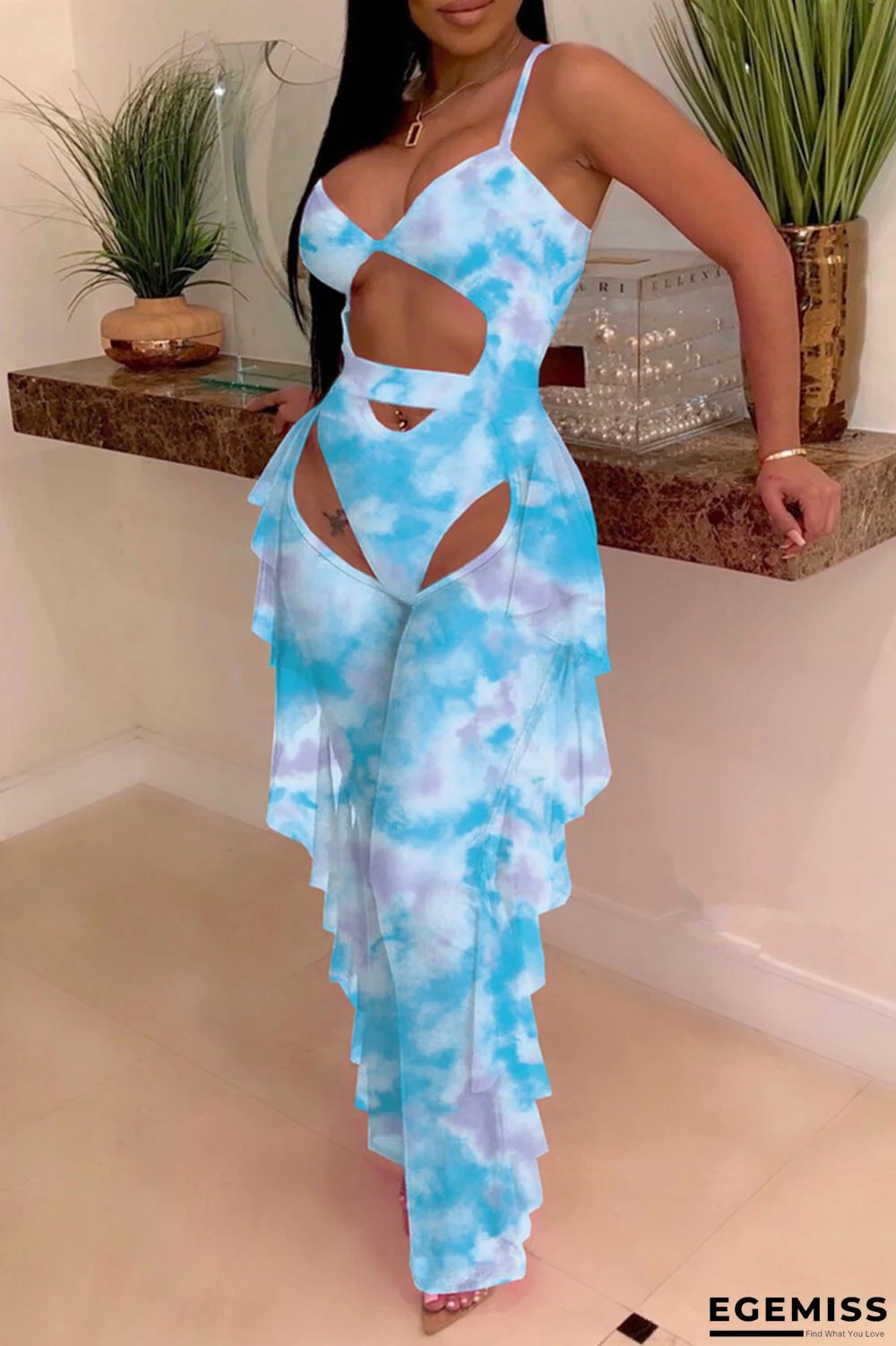 Sky Blue Fashion Sexy Print Hollowed Out Backless Swimwears Set | EGEMISS