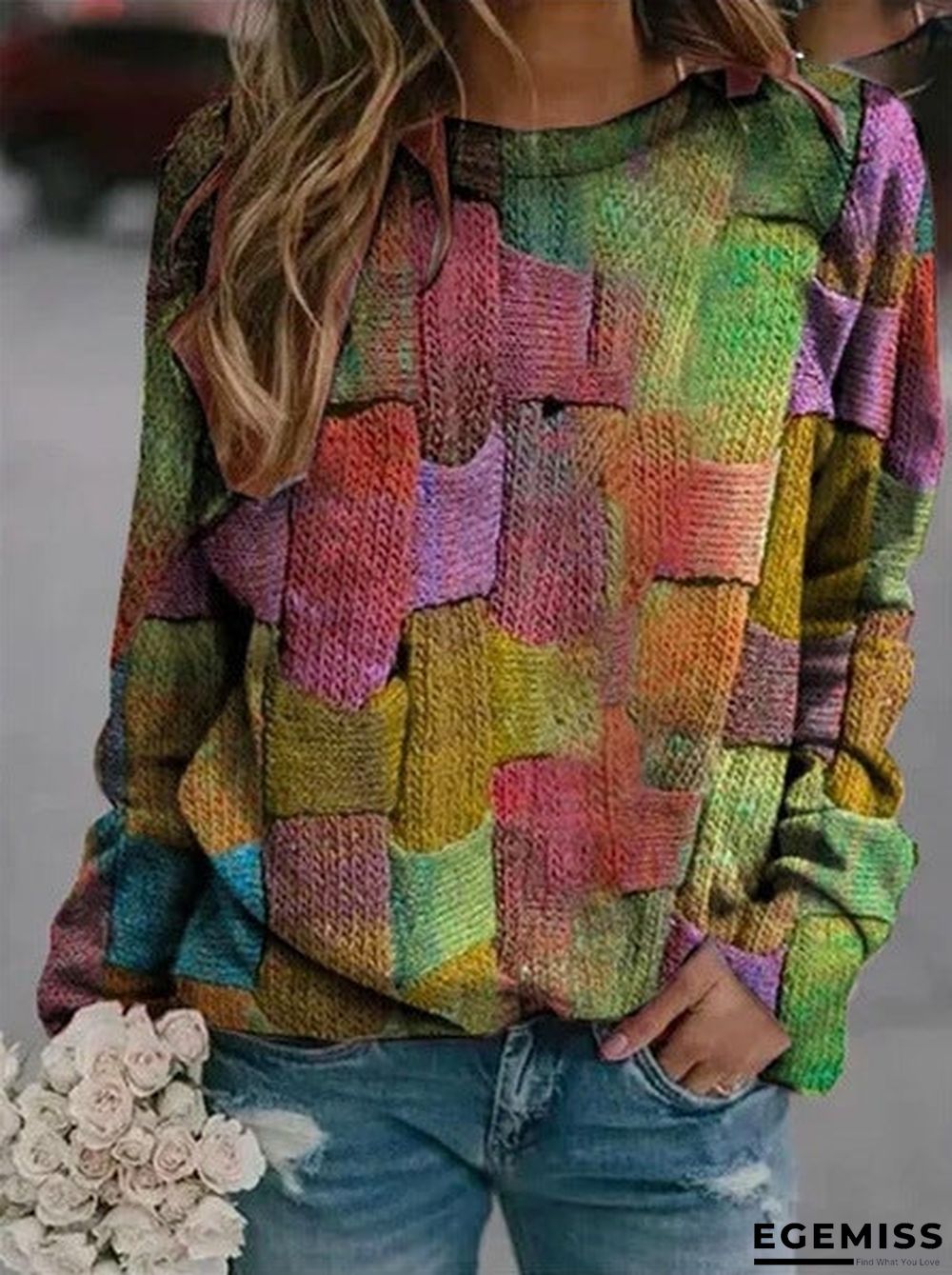 Long Sleeve Round Neck Printed Loose Pullover Woman | EGEMISS