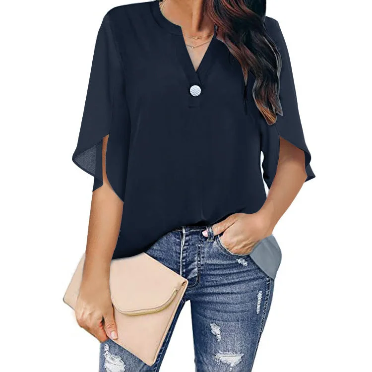 Uveng Short Sleeve Elegant Casual Pullover Solid Color V-neck Chiffon Blouse