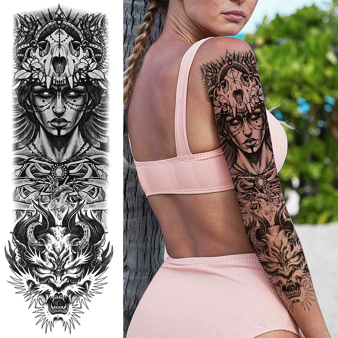 Tribal Totem Temporary Tattoo Sleeve For Men Women Adult Fake Flower Shoulder Tatoos Sticker Black Skull Tattoos Big Full Arm 1029