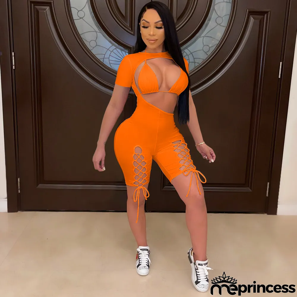 Sexy Short Sleeve Tie-up Romper And Bra Two Piece Sets