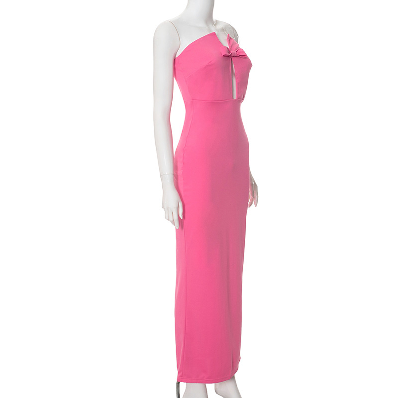 Ootddress Tee Bow Off-Shoulder Slim Long Dress For Women Patchwork Fashion Elegant Hollow Out Backless Clothes Female Party Dress