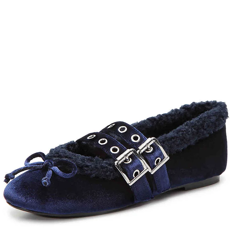FSJ Velvet Fur Lined Comfy Ballet Flats in Navy Blue |FSJ Shoes