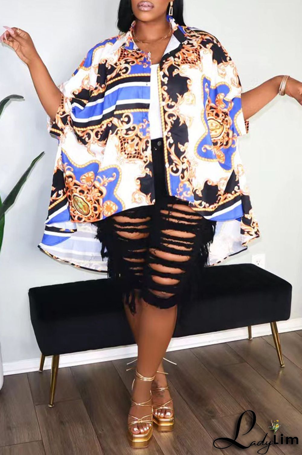 Black Casual Print Split Joint Buckle Turndown Collar Tops