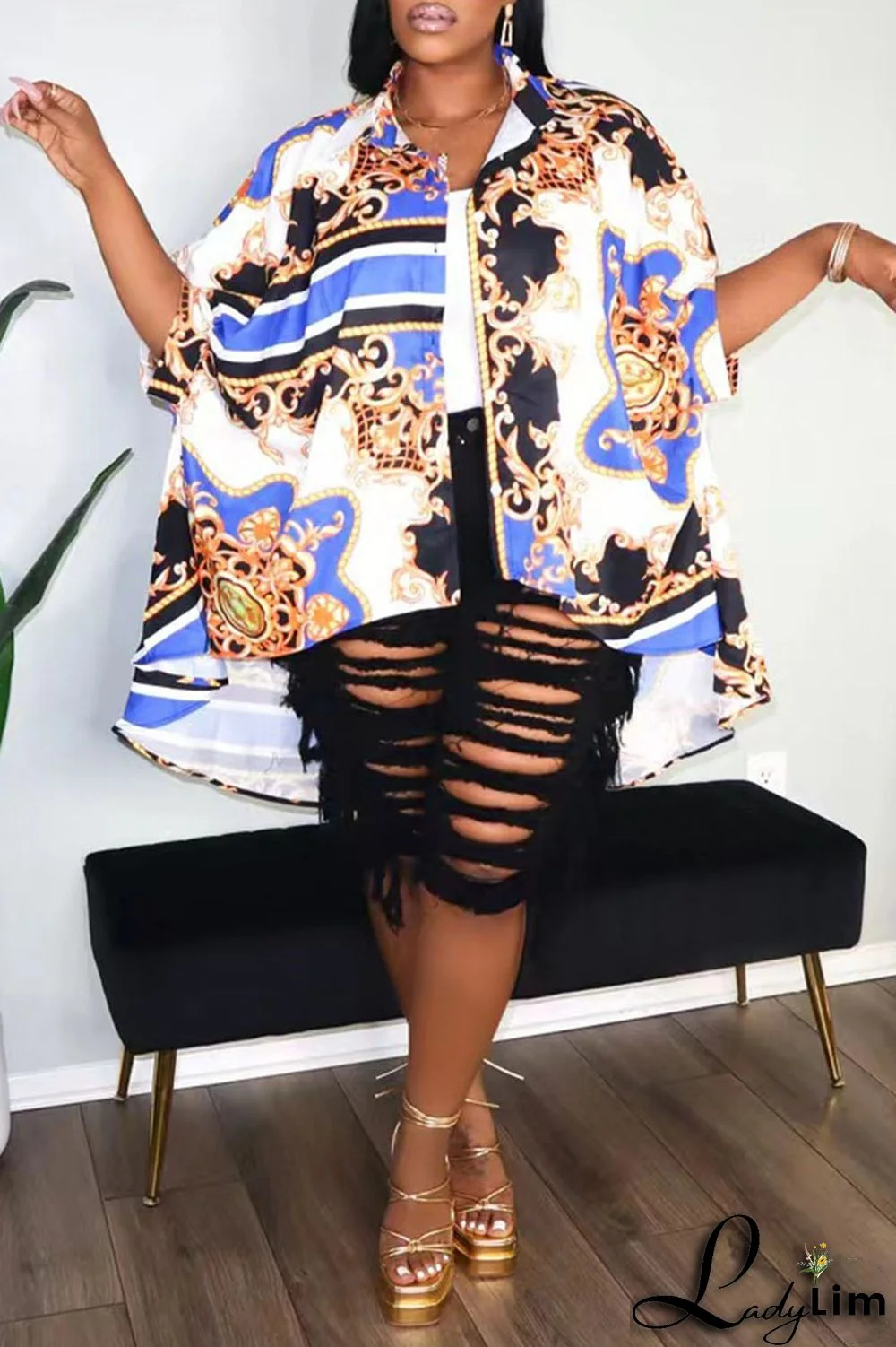 Black Casual Print Split Joint Buckle Turndown Collar Tops