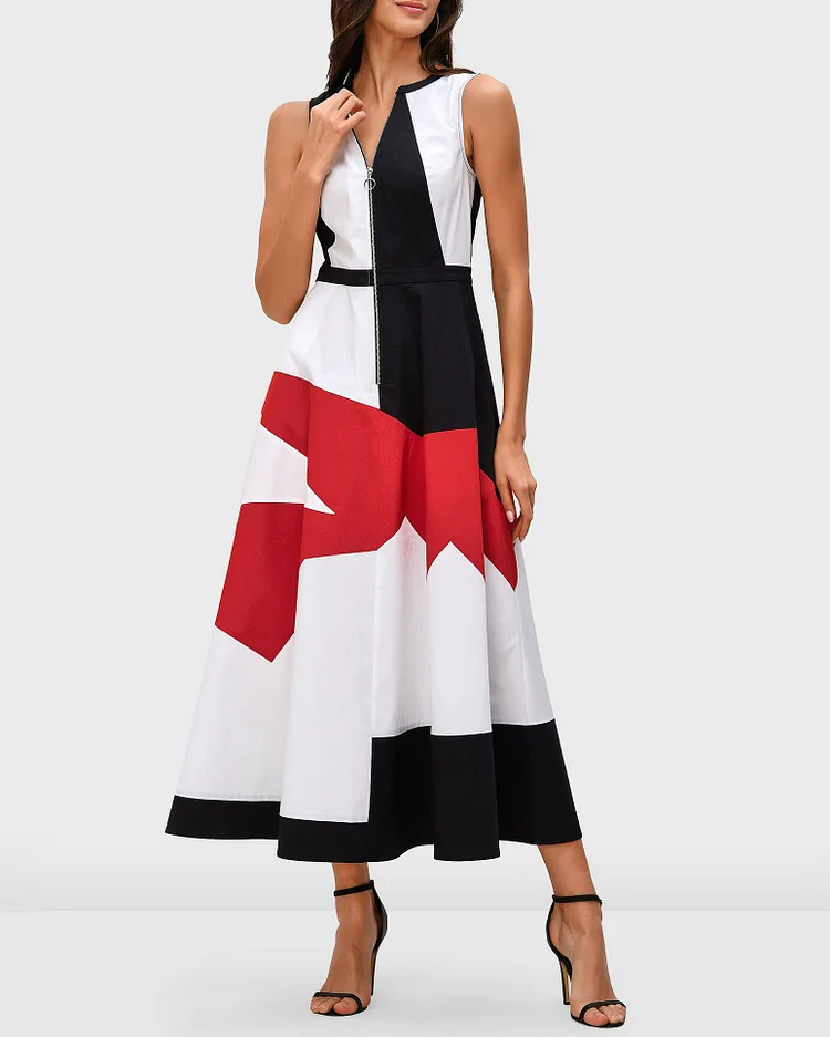 Zip Front Abstract Color Block Dress