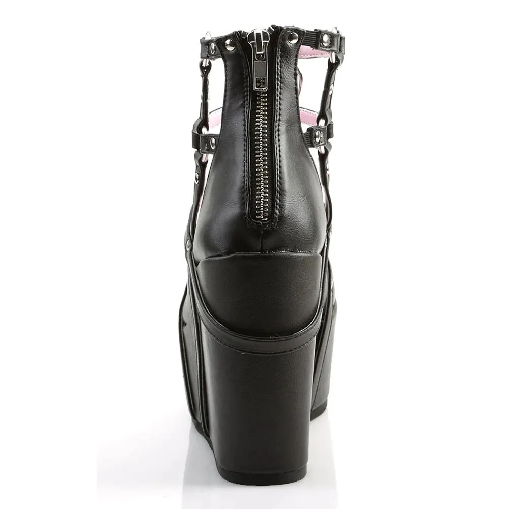Round Toe Ankle Strap Platform Wedge Heel Studded Strappy Black Pumps