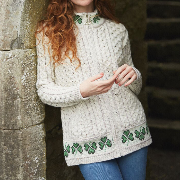 Irish Shamrock Zip-Up Aran Sweater wearshes