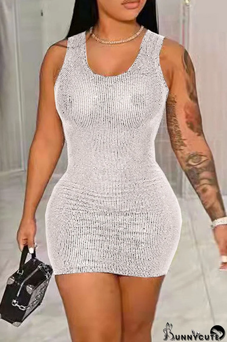 Silver Fashion Sexy Solid Sequins Patchwork O Neck Vest Dress