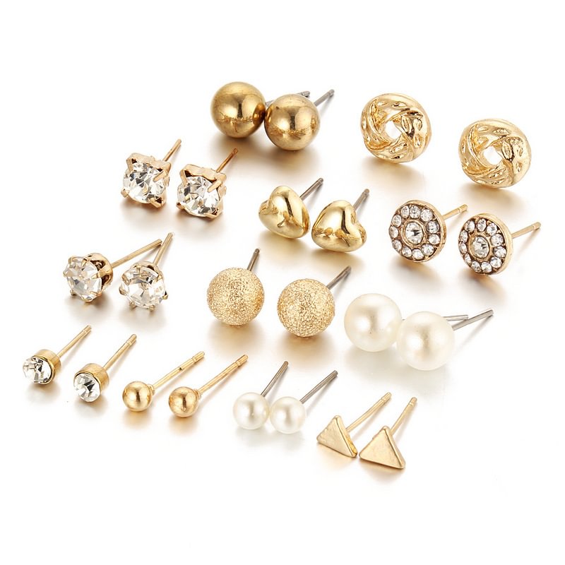 Stud Earrings Set 12 Pairs Stud Earrings Zircon Peach Heart Triangle Diamond Earrings