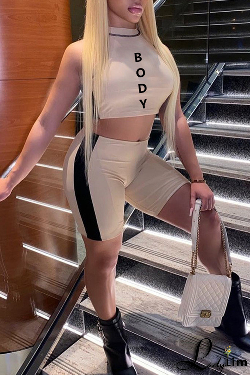 Red Fashion Print Letter Half A Turtleneck Sleeveless Two Pieces