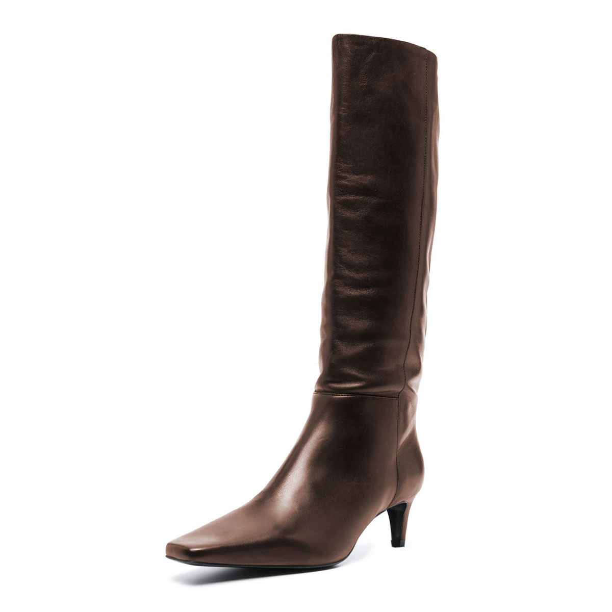 Square Toe Kitten Heel Knee-High Long Boots for Women in Brown Nicepairs