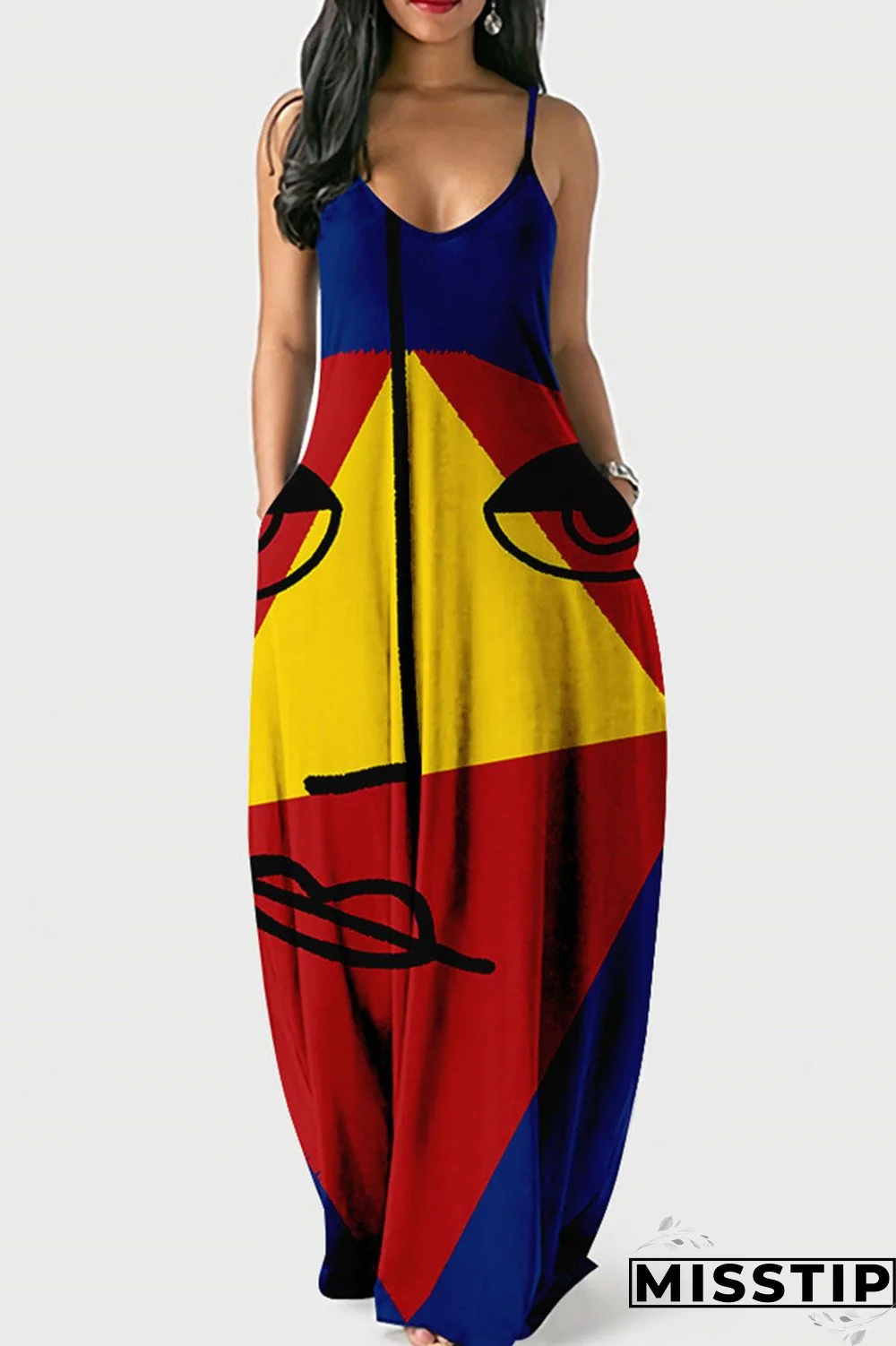 Red Blue Casual Print Patchwork Spaghetti Strap Sling Dress Dresses